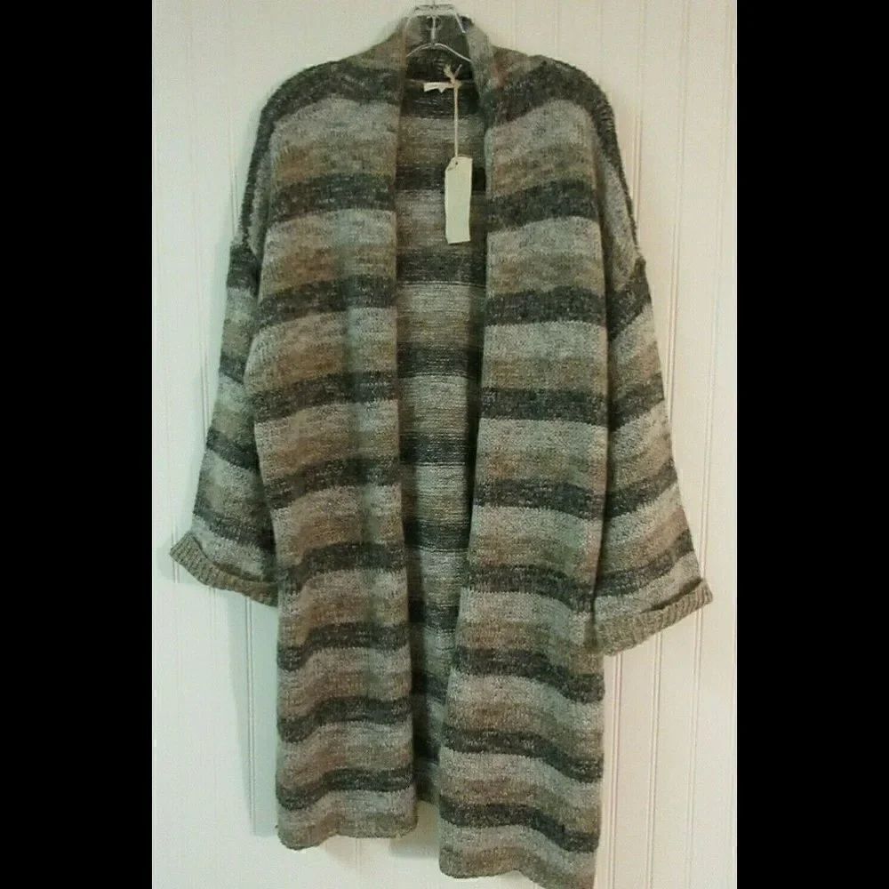 Mystree long cardigan sweater gray & brown LG NEW